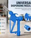 Universal dispensing nozzle for heavy duty electric drum pump. Features adjustable grip for easy use with various liquids.