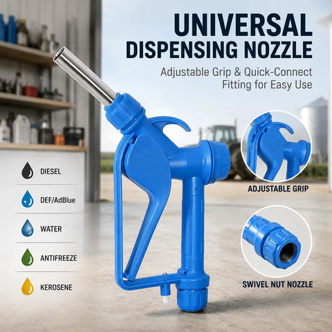 Universal dispensing nozzle for heavy duty electric drum pump. Features adjustable grip for easy use with various liquids.