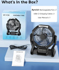 Portable Rechargeable Camping Fan With 20000mAh Battery, LED Light, power bank, USB-C cable, and manual on display