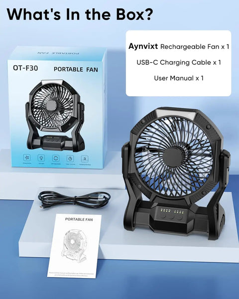 Portable Rechargeable Camping Fan With 20000mAh Battery, LED Light, power bank, USB-C cable, and manual on display