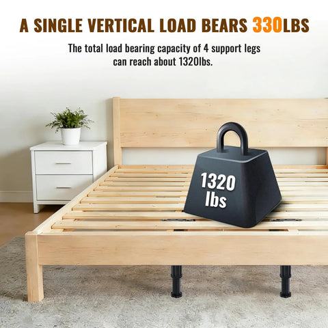 Heavy Duty Adjustable Bed Support Legs 4 Pack Fix That Wobbly Frame Fast Hella Sturdy Plastic Reinforcements For Slat And Wood Beds No More Nighttime Creaks Easy Height Tuning From 7.8 To 13 Inches Upgrade Kit with 1320 lbs load capacity displayed on a wooden bed frame.