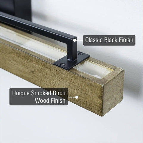 Close-up of Modern Farmhouse Integrated LED Vanity Light Bar, showcasing smoked birch wood and black finish.