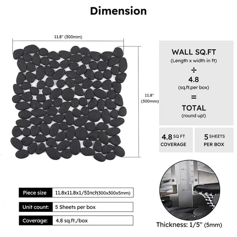 Dimensions of Black Oval Pebble Tile Kit For Shower Floor And Backsplash, 5 Sheets, Pebble Mosaic For Kitchen Bathroom