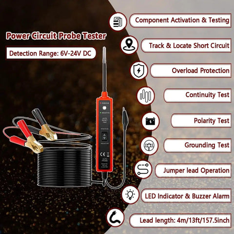 Power Circuit Probe Tester for 6V To 24V DC Systems with LED Polarity Indicator and features list, coiled wires