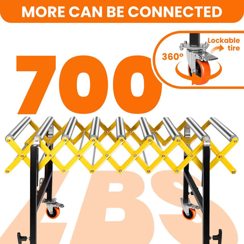 Heavy Duty Commercial Expandable Roller Stand With 700 Lbs Capacity showcasing rollers and 360-degree lockable casters.