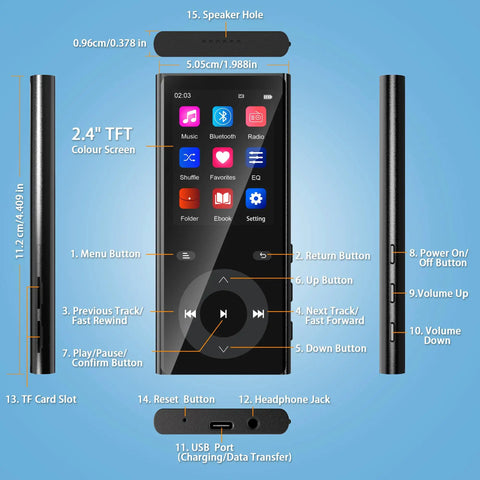 Diagram of 90GB MP3 Player with Bluetooth 5.3 expandable to 256GB, featuring a 2.4-inch TFT screen and dual TF card slots.