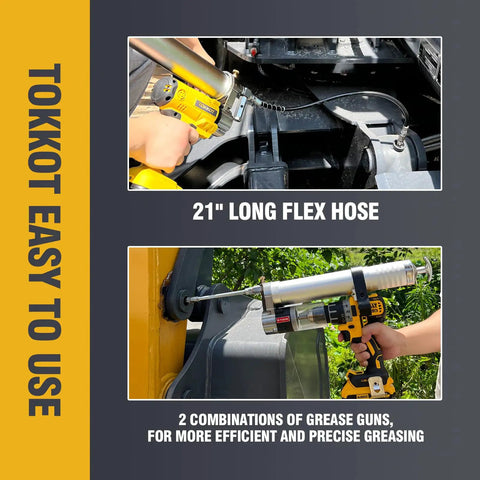 Powerful 14,000 PSI Cordless Grease Gun Kit With Two Batteries, 21 Inch Flexible Hose, used on machinery for lubrication
