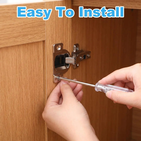 Installing Eight Pack Cabinet Hinge Replacement Set For 110 Degree Compact 33 Hinges with screwdriver on wooden cabinet door