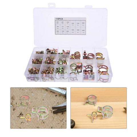 Ultimate 115-Piece Spring Band Hose Clamp Kit For Fuel Lines, 115-piece zinc-coated carbon steel clamps in labeled storage case