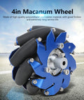 4in Macanum wheel assembly with blue housing and black polyurethane rollers for industrial robots