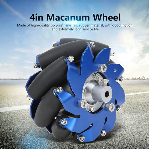 4in Macanum wheel assembly with blue housing and black polyurethane rollers for industrial robots
