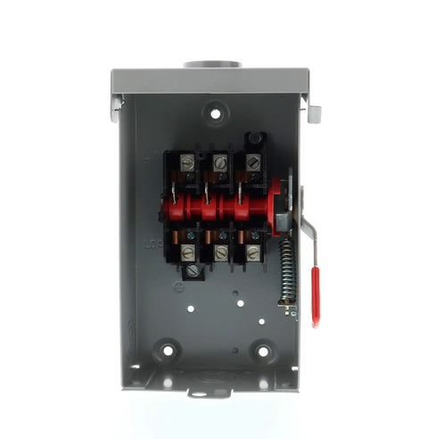 Inside view of 60 Amp 3-Pole 240V General Duty Safety Switch Non-Fusible Outdoor Compact Series Built Tough With Quick-Make Break Action Metal Handle