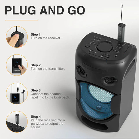 Digital Wireless Karaoke Microphone System setup instructions with mini receiver and bodypack transmitter for gigs