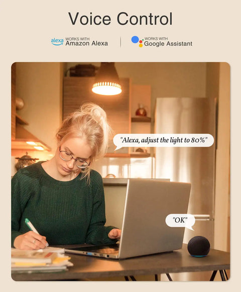 Person using Smart Dimmer Switch For Dimmable LED Bulbs And Ceiling Fans, Voice Control With Alexa, in home office setting.