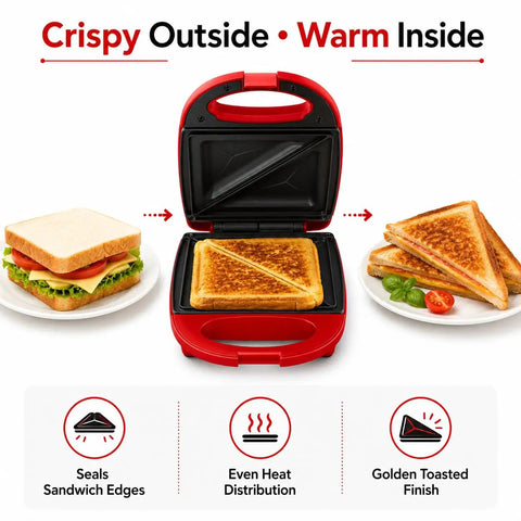 Sanzinaz 520W Electric Sandwich Maker Grill with Nonstick Plates Compact Panini Press cooking golden sandwiches with crispy edges.