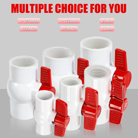 Five Pack 1 Inch PVC Ball Valves With T Handle Water Shut Off, various sizes displayed, front view