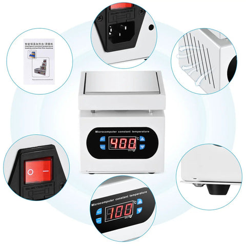 High Power Soldering Hot Plate Station 110V 350W with 100x100mm aluminum plate, digital display and control buttons for PCB rework.