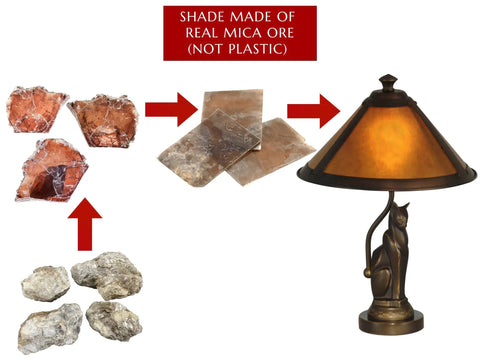 Ginger Mica Accent Lamp In Antique Bronze Finish with real mica ore processing steps for shade material, Tiffany style design.
