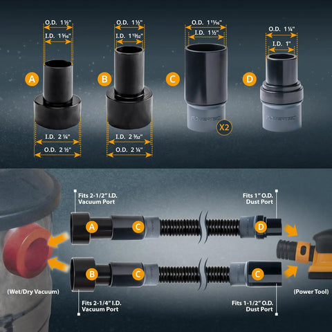 10 Ft Dust Collection Hose Kit With 5 Fittings For Woodworking Tools And Shop Vacuums, Converts To One Inch And One And A Half Inch Ports, Includes Reducers And Adapters To Fit Two And A Quarter Inch Or Two And A Half Inch Vac Hoses, Pro Dust Control product diagram showing adapters and connectors measurements.