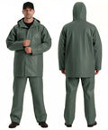 Pro-Grade 0.70mm PVC Fishing Rain Suit Jacket And Bib Pants Set For Commercial Anglers Brigg 44 Industry Grade Heavy-Duty Waterproof Gear In Dark Green X-Large All-Weather Protection For Long Shifts, front and back view