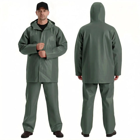 Pro-Grade 0.70mm PVC Fishing Rain Suit Jacket And Bib Pants Set For Commercial Anglers Brigg 44 Industry Grade Heavy-Duty Waterproof Gear In Dark Green X-Large All-Weather Protection For Long Shifts, front and back view