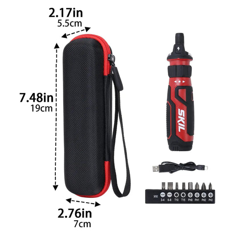 Heavy Duty Hard Shell Protective Case For Rechargeable 4V Cordless Screwdriver, black with red accents, 7.48" size.