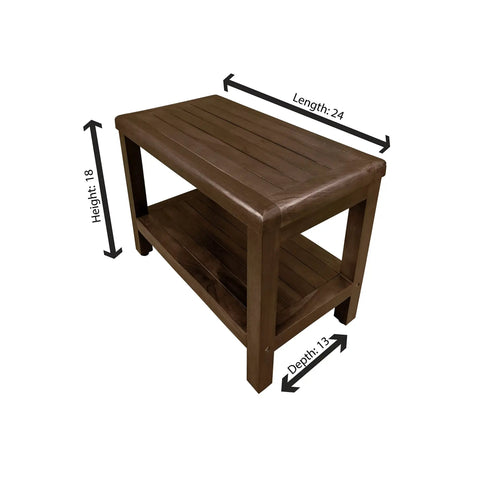Eleganto 24 Inch Brown Waterproof Teak Shower Bench Stool With Non Slip Feet And Two Tier Storage Shelf for bathroom use