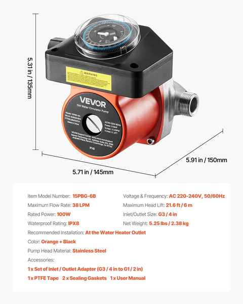 Straight Up Hot Water Recirculating Pump Kit With Built In Timer For Fast Sink And Shower Flow 10 Gpm 0 13 Hp 110 Volt Electric Motor, orange and black, compact design.