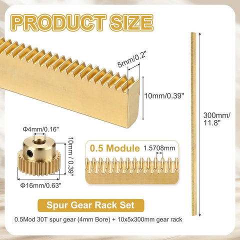 Beefy Brass Spur Gear and Gear Rack Set 0.5 Module 30 Tooth Pinion with 4mm Bore, 10x5x300mm Rack Product Size Illustration