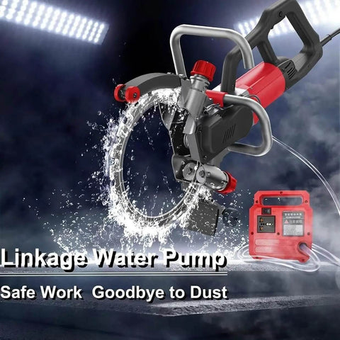 Job Site Ready Electric Concrete Saw Wall Chaser Ring Saw With Low Dust Pump, 270mm Diameter, showing linkage pump in action.