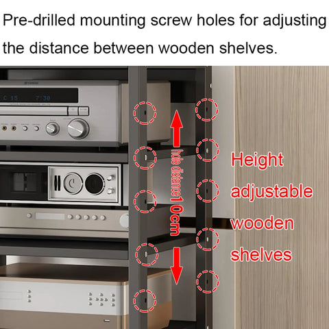 Top Shelf Corner TV Stand Heavy Duty Six Tier Wooden Entertainment Center With Adjustable Shelving For Gaming Setups And AV Gear showing pre-drilled shelf adjustment holes.