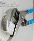 16 Inch Tongue And Groove Pliers With Laser Heat Treated Teeth gripping a metal surface, showing heavy duty channel locks with undercut non slip design.