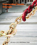 Three Eighths Inch 20 Foot G80 Tow Chain With Grab Hooks Galvanized Manganese Steel 7100 Lb WLL DOT Certified Two Pack close-up