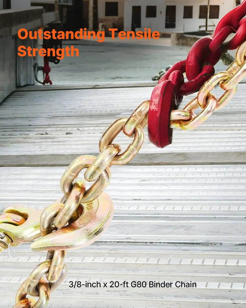 Three Eighths Inch 20 Foot G80 Tow Chain With Grab Hooks Galvanized Manganese Steel 7100 Lb WLL DOT Certified Two Pack close-up