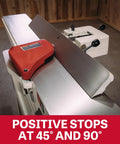 Beefy 8-Inch Jointer With Straight Knives, 2 HP 230V Single-Phase, Heavy-Duty One-Piece Stand showing positive stops at 45° and 90°