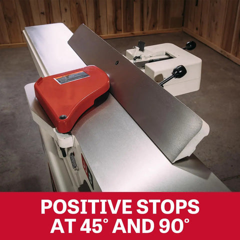 Beefy 8-Inch Jointer With Straight Knives, 2 HP 230V Single-Phase, Heavy-Duty One-Piece Stand showing positive stops at 45° and 90°