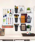 Pegboard Organizer Kit 18 Pack With Hooks Baskets Cups And Trays For Garage Workshop And Craft Room Universal One Eighth And One Quarter Inch Pegboards installed on wall