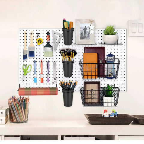 Pegboard Organizer Kit 18 Pack With Hooks Baskets Cups And Trays For Garage Workshop And Craft Room Universal One Eighth And One Quarter Inch Pegboards installed on wall