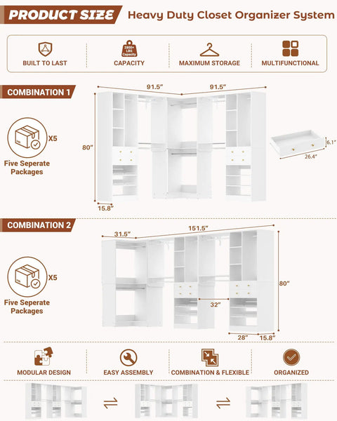 Transform Your Daily Routine With This Nifty White Closet System Set Of 3 Featuring Four Spacious Drawers Eight Heavy Duty Hanging Rods Plus A Corner Rack For Zero Hassle Walk In Storage, showcasing dimensions and assembly details.