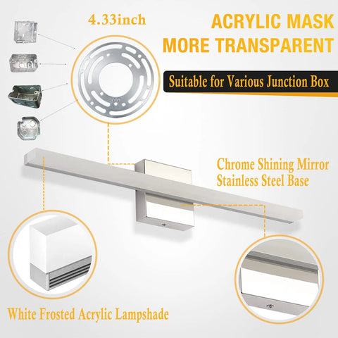 24 Inch LED Vanity Light Bar Over Mirror For Bathroom With Dope Chrome Finish, 14W, Cool White 6000K, 110V, IP44 Waterproof