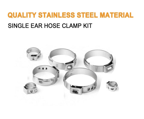 Single Ear Oetiker Hose Clamp Kit With 92 Pcs Crimp Clamps Eight Size Range 6.0 to 22.6mm Includes Pliers And Gloves 304