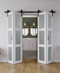 72 Inch By 84 Inch Bifold Barn Door With Frosted Glass Hardware Kit Included Pre Drilled Holes No Fuss Easy Assembly White Waterproof PVC Coated