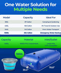 1000L Portable Collapsible Water Bladder Tank For Camping And RV Use Grab And Go Heavy Duty PVC Bag shown with size dimensions