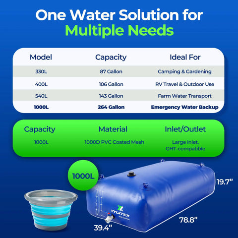 1000L Portable Collapsible Water Bladder Tank For Camping And RV Use Grab And Go Heavy Duty PVC Bag shown with size dimensions