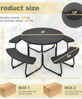 Round Outdoor Picnic Table For Eight With Built In Benches, Umbrella Hole, Sturdy Metal Frame And HDPE Top, 43 inch diameter