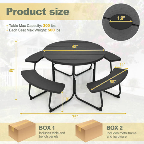 Round Outdoor Picnic Table For Eight With Built In Benches, Umbrella Hole, Sturdy Metal Frame And HDPE Top, 43 inch diameter