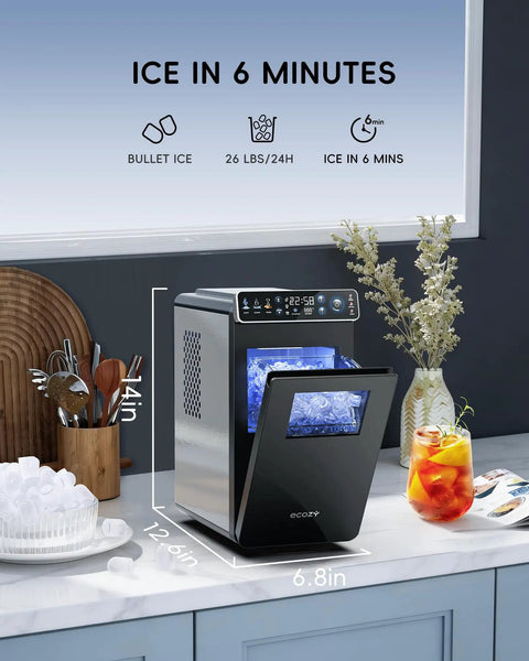 Ultra Slim Countertop Ice Maker With Full Color Panel, Internal LED Lights, modern kitchen setup, timer ice making display