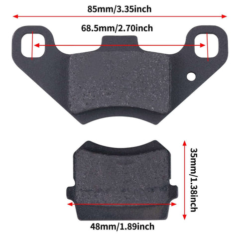Rear Disc Brake Master Cylinder Caliper With Replaced Disc Brake Pad For 50cc To 125cc ATV showing pad dimensions and fixing holes.