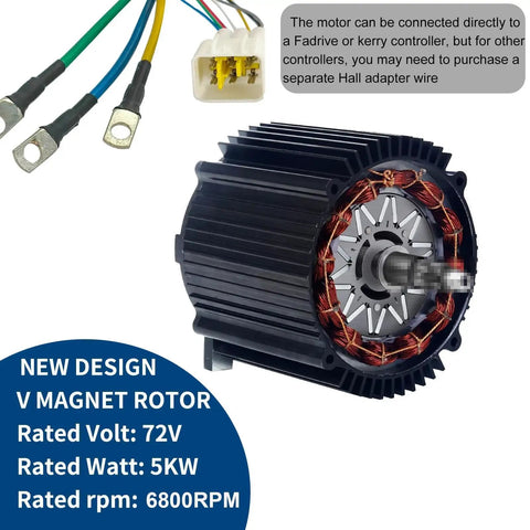 Beefy 72V 5000W Brushless DC Motor with copper coils, exposed wiring, and cooling fins