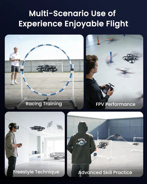 Images showing Dope ELRS FPV Whoop Drone RTF with Pocket Controller in varied FPV racing and freestyle training scenarios.